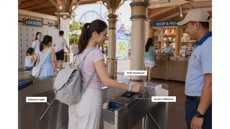 Guest using an RFID wristband at a theme park entrance gate during access validation Guest using an RFID wristband at a theme park entrance gate during access validation